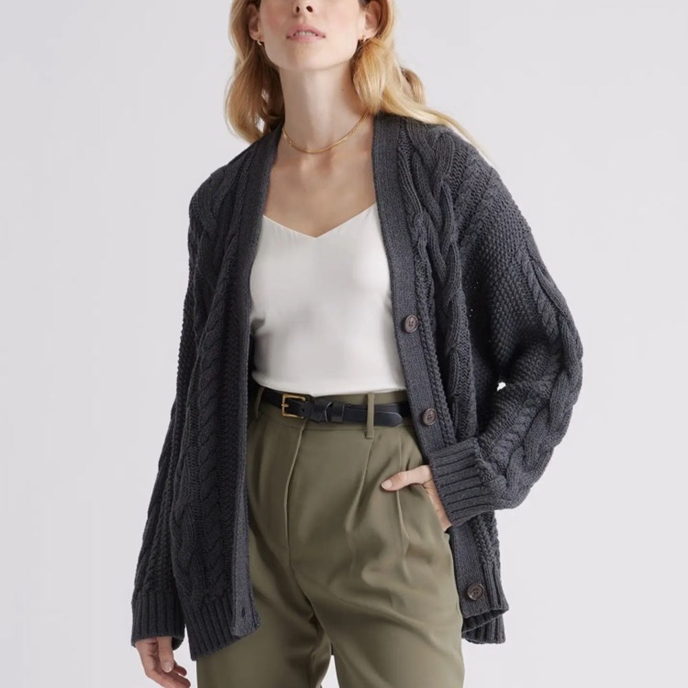 Quince 100% Organic Cotton Oversized Cable Knit Cardigan in Charcoal, size M